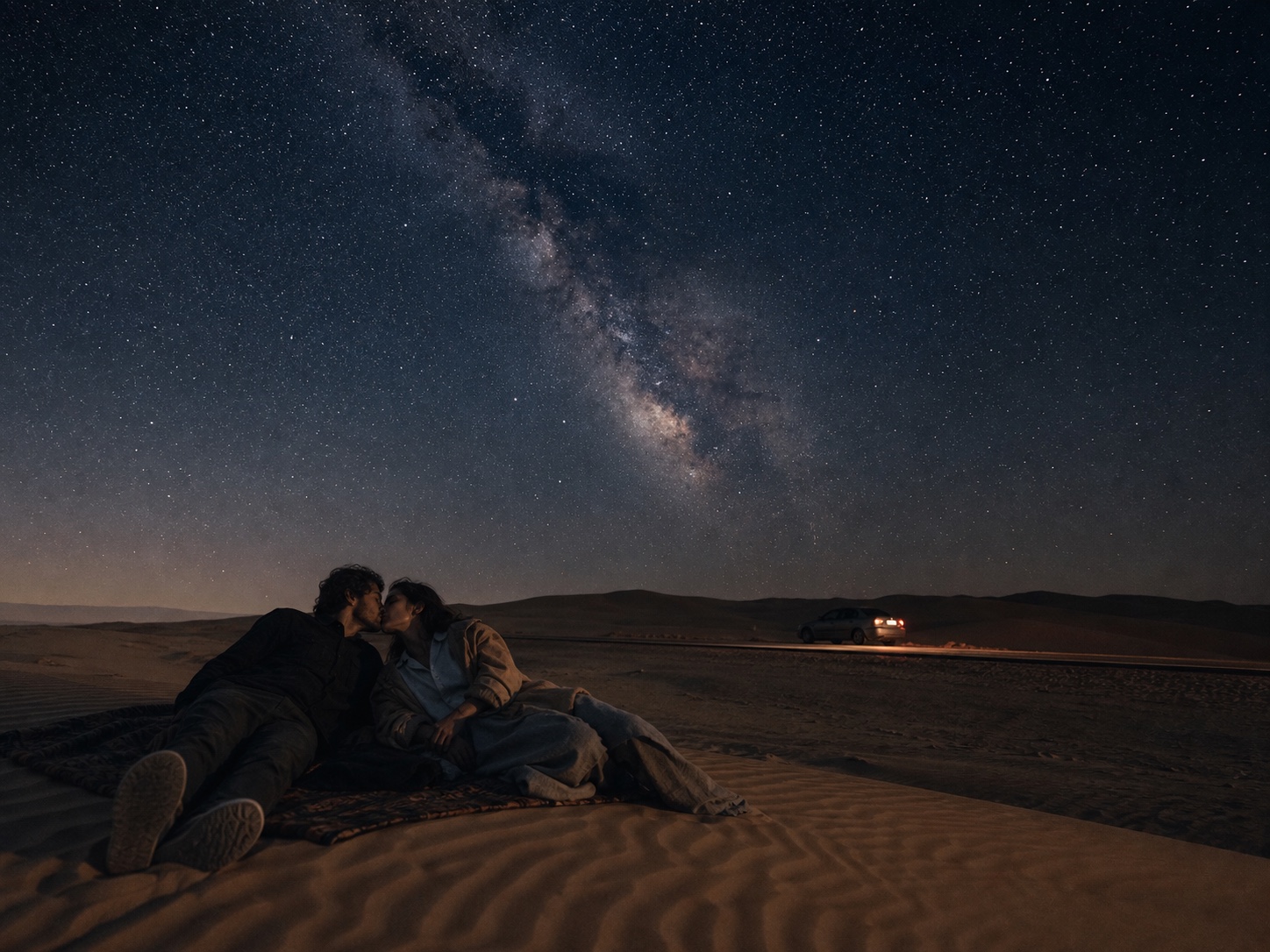 A fictional couple kissing beneath the stars beside a remote desert road in Iran