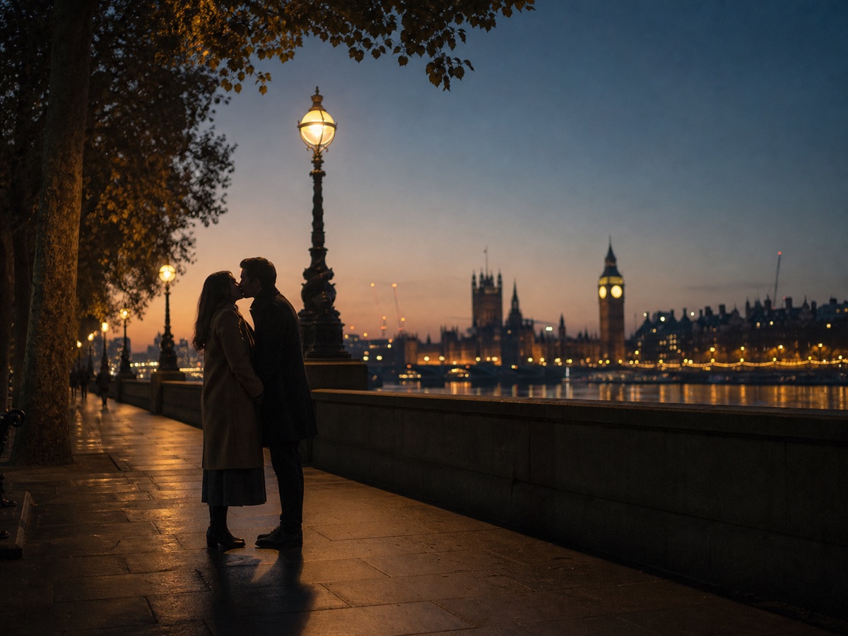 A fictional couple sharing their first kiss beside the River Thames at dusk